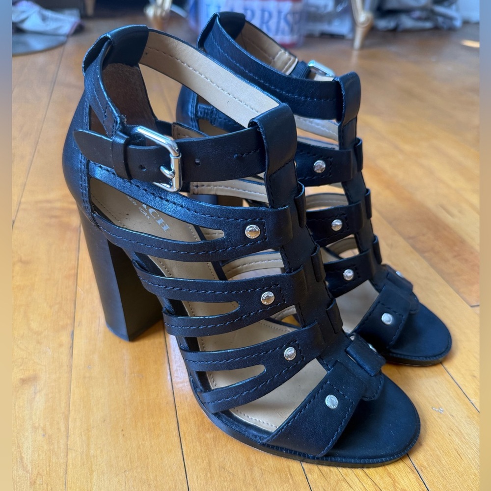 COACH Black Leather Gladiator Heels with Buckle & Hardware Detail Unworn US 8